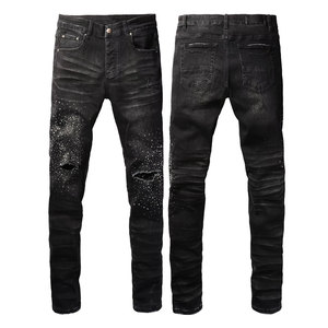 <span class=keywords><strong>Jeans</strong></span> da <span class=keywords><strong>Uomo</strong></span> di Qualità, <span class=keywords><strong>Neri</strong></span> Lavati, Strappati, Slim Fit, Stile Hip Hop, con Dettagli Distressed Fatti a Mano e Patch in Cristallo - Product Image 6