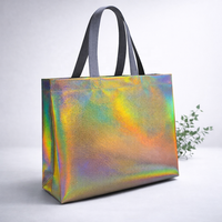 Sac de courses en non-tissé laminé PP holographique argenté, personnalisé, recyclable et réutilisable, prix de gros