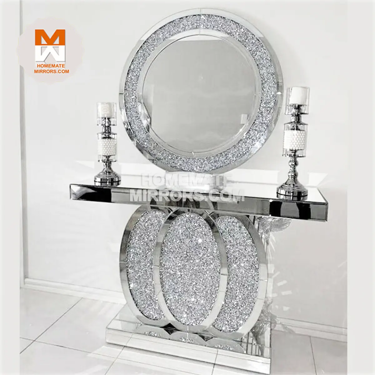 Mesa de consola con espejo de cristal LED RGB caliente con espejo de pared diamante triturado para sala de estar