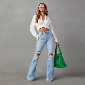 Calça jeans de cintura alta de algodão lavado com elástico rasgado para mulheres, jeans de corte alto