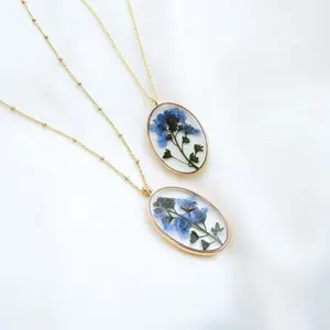 Real Dried Pressed Flower In Resin Friendship Memorial Forget Me Nots Pendant Necklace