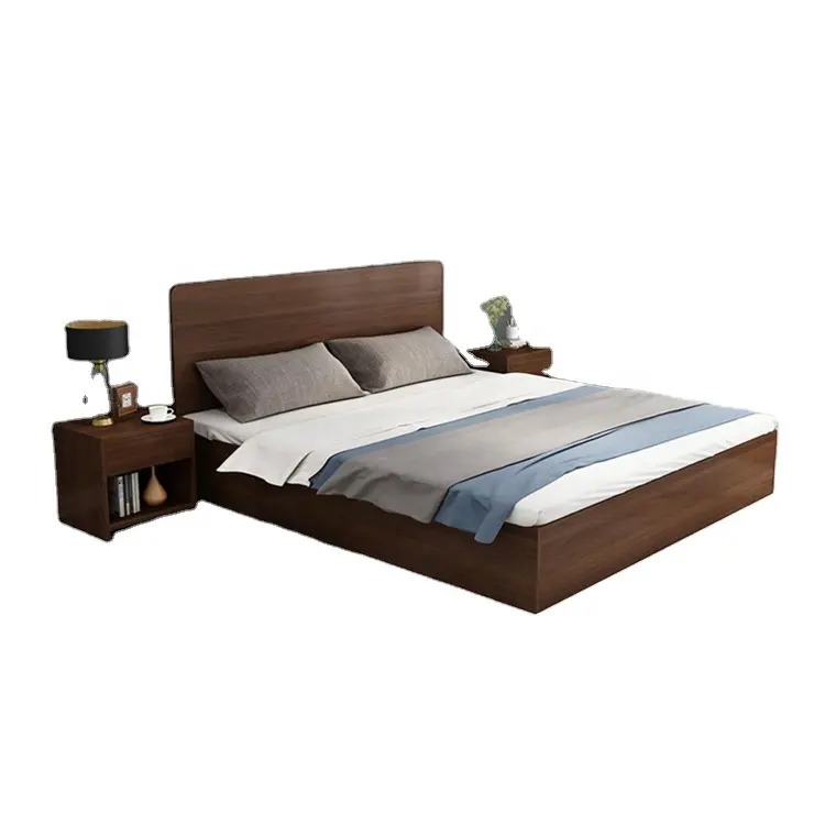 Modern hotel furniture bedroom set Wood Frame Fabric PU Leather headboard Wooden Slats Wood Base Double Beds