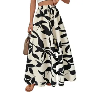 Female Summer Leaf Print A-line Maxi Skirt Women Fashion Elastic High Waist Chiffon Floral A-line Skirts