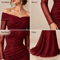Maßgeschneidertes Damen-Abendkleid Glitzer-Netzstoff Gerafftes Drapiertes Schulterfreies Langarm Meerjungfrau Bodenlange Formelle Abendrobe