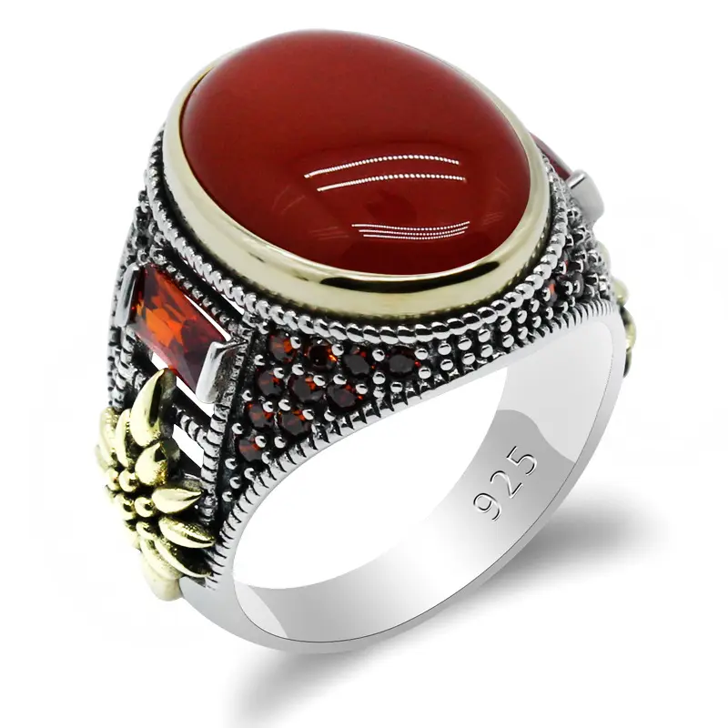 Massiver 925er Sterling Silber Rubin Ring für Männer Onyx Stein Ring Designs Türkischer hand gefertigter Achat Silber Luxus Vintage Herren Ring