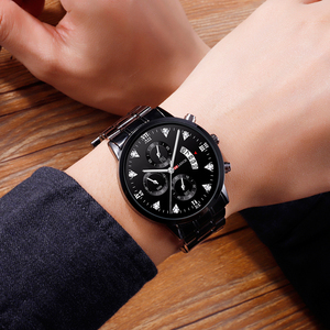 Luxury Mens Black Stainless Steel Watch Crystal Accent Roman Numerals Multi Dial Sport Quartz Wristwatch - Product Image 6