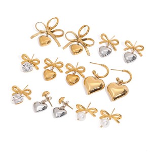 Heart <b>Stud</b> <b>Earrings</b> With Bow Zircon 18K Gold Plated Stainless Steel For Women Gift Fashion Jewelry Set - Product Image 1