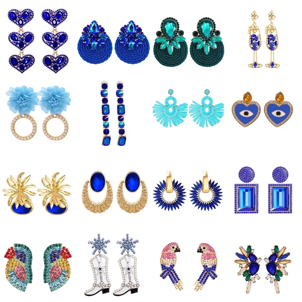 Kaimei 100 Designs Dropshipping New Geometric Heart Earrings Navy Blue Luxury Rhinestone Crystal Bridal Statement Stone Earrings