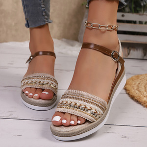 Women Summer Wedge <b>Sandals</b> European and American Style Fabric New Platform Thick Sole Roman <b>Sandals</b> Wholesale - Product Image 4