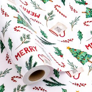 Flyhill Christmas Wrapping Paper 17 Inch X 33 Feet White Gift Wrap With Trees Pine Leaves Merry Design Recyclable - Product Image 1
