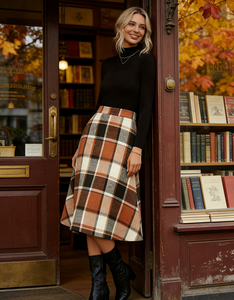 กระโปรงทรงสวิงเอวธรรมชาติความยาวระดับเข่าลายตาข่ายแบบตารางสำหรับผู้หญิงไซส์ใหญ่สไตล์ลำลองสำหรับฤดูหนาว - Product Image 5