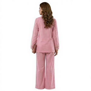Pink Satin Washed Pinstripe Plus Size Women Shirt Set Embroidered Long Sleeve Blouse and Wide Leg <b>Pants</b> for Spring Casual Wear - Product Image 3