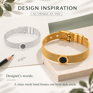 Brazalete de Acero Inoxidable con Malla Ancha y Disco Central Redondo Negro, Chapado al Vacío en Oro de 14K - Product Image 5
