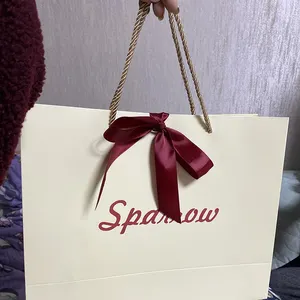 Luxury Gift Packaging Custom Logo Printed Bow Ribbon Closed Paper Bag Logo With Euro Tote Handles