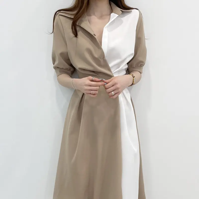 الكورية الصيف الفرنسية طية صدر السترة تصميم الشعور الاصطدام اللون الربط زر واحد الخصر فستان قصير الأكمام