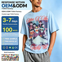 Kaos Oblong Biru Muda Musim Panas Bermotif 100% Katun Kerah O Lengan Pendek Logo Karakter Besar OEM Kaos Pria Bernapas DTG