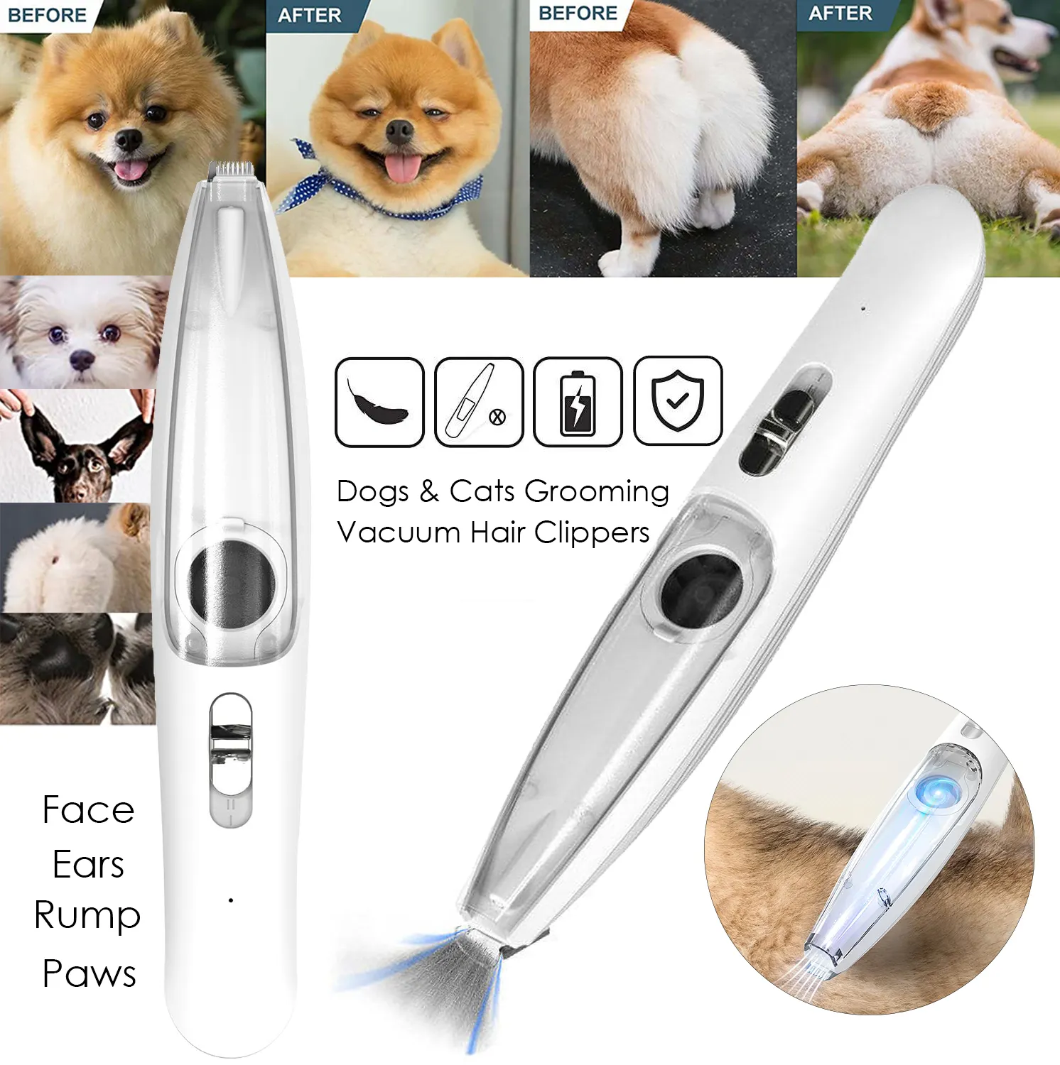 Portátil elétrico LED Vacuum Groomer Cat Dog Pet Hair Clipper Trimmer Shaver Grooming Scissors Equipment Pet Dog Shaver Clipper