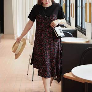 เดรส Runqi N8743 ไซส์พลัส ลายดอกไม้แบบปะติดปะต่อ ทรงเอ ไหล่เฉียง คอเสื้อแบบกลม แขนสั้น เอวต่ำ ทรงไม่สมมาตรสำหรับผู้หญิง - Product Image 3