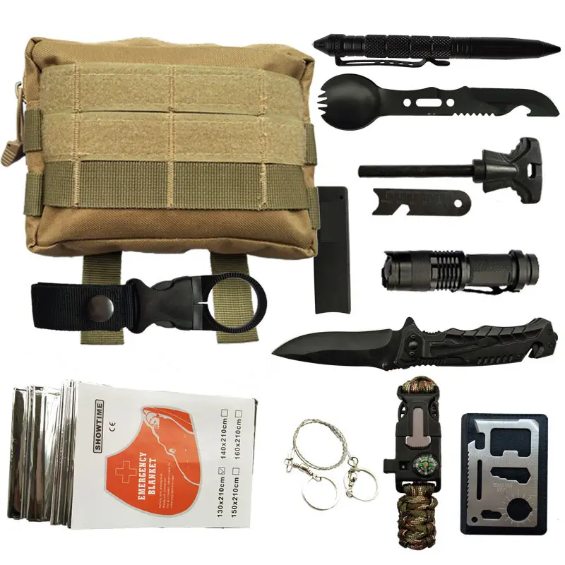15 in 1 Emergency Survival Gear Kit Professional Camping Gear Tactical Kit for Camping Hiking Hunting for with Wire Saw