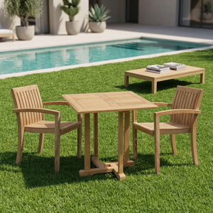 Ensemble de jardin en teck pour l'extérieur, table carrée 2 places et chaises, meubles en bois contemporains, résistants aux intempéries - Product Image 1