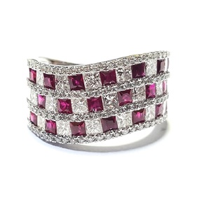 HK prix d'usine grande offre 18k solide or blanc naturel princesse coupe diamant rubis bijoux hyperbole large bande bague pour les femmes - Product Image 1