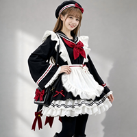 Conjunto de Vestido Lolita con Cuello Marinero para Mujer, Manga Larga, Volantes, Encaje, Delantal, Lazo Rojo y Negro, Estilo Kawaii, Mini Vestido de Fiesta