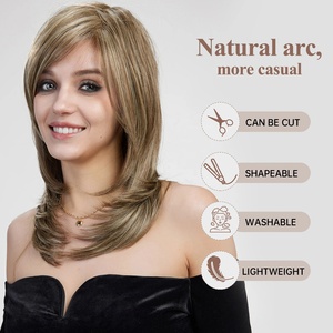 Long Straight Layered Lace Front <strong>Wig</strong> with Bangs Mixed Light Brown <strong>Monofilament</strong> <strong>Wigs</strong> for Women Daily Heat Resistant Futura Fiber - Product Image 4