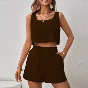 Hot Sale Custom Solid Color Women's Gym Set Casual Linen Top And Shorts Suit Set Two-piece Set For Women