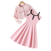 Tenue 2 pièces pour filles, robe rose à bretelles spaghetti, cardigan texturé à manches longues, vêtements décontractés pour enfants, printemps-automne