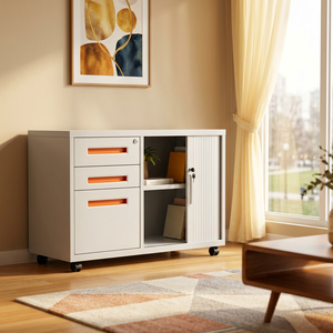 Small Modern Steel and Glass Iron Storage <b>Cabinet</b> with Lock, Low File and Drawer, for Office Home <b>Desk</b> Bedside Gym - Product Image 6