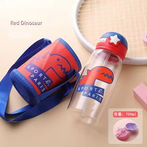 Bouteille d'eau en plastique transparente 700 ml pour enfants avec paille et sangle, motif petit dinosaure mignon, populaire, vente en gros - Product Image 4
