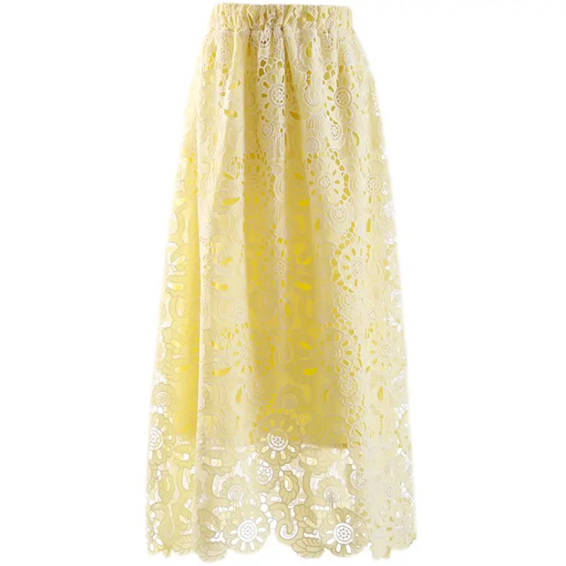 2022 Best Price Spring Autumn Middle And Long Two-sided Elastic Waist Knitted Skirt High Waist Hollow Lace Hip Wrap Skirt