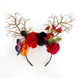 Diadema de Halloween Día de Muertos - Tocado gótico oscuro con ramas artificiales y flores coloridas para personas - Product Image 5