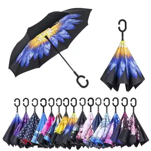 New design Hands Free Reverse Umbrella Inverted Waterproof Pongee Fabric Car Umbrella