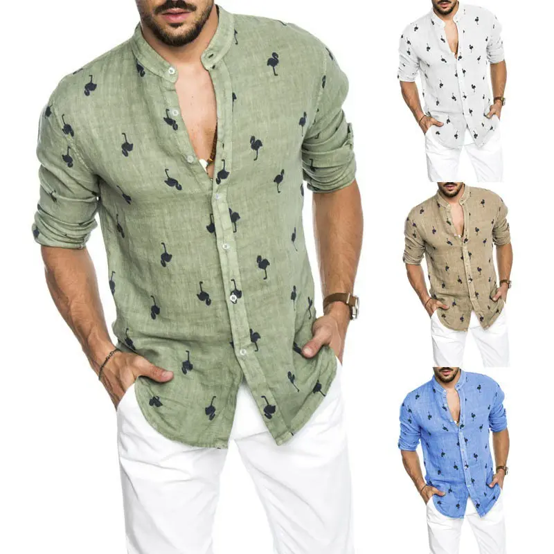 Best-selling new Long sleeve stand collar button Flamingo print shirt men's printed shirt casual white Plus Size blouse