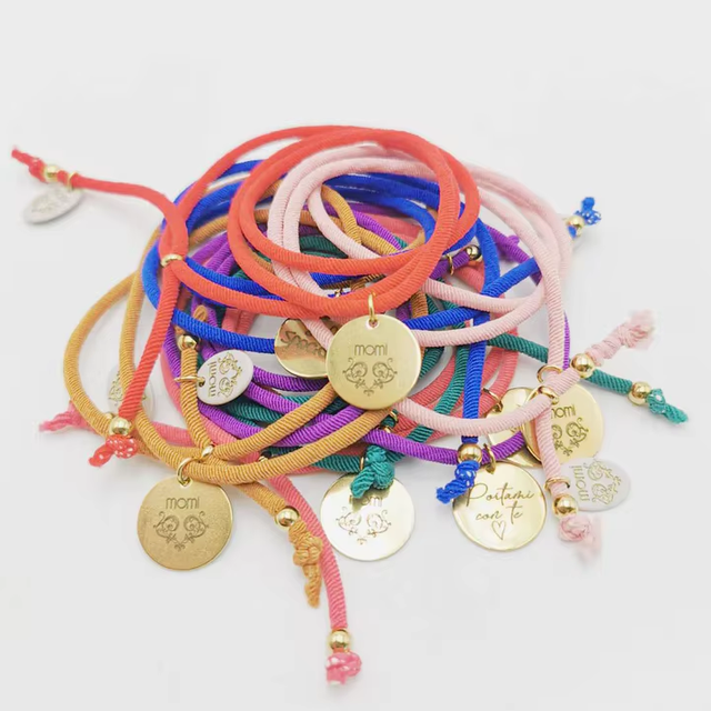 Personalized Engraving Disc Charm Bracelet Custom Stainless Steel Adjustable Cotton Rope Bracelet for Christmas Gift