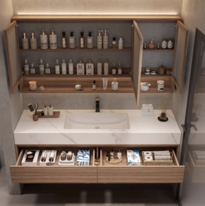 Phòng tắm sang trọng Vanity tùy chỉnh tủ gỗ rắn với đá thiêu kết truy cập hàng đầu và ngăn kéo Vanity tủ và kệ - Product Image 5