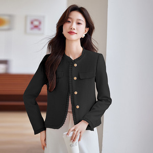 White Women's Blazer With Ruffled Trim Solid Color Polyester Worsted Spring Autumn Style - Product Image 3