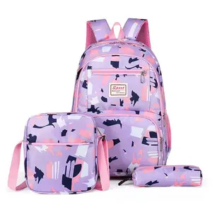 wholesale new style teenagers korean style high beautiful nylon Three piece school bag with lunch bag set girls handbag