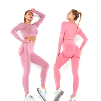 Kadınlar dikişsiz gülümseme desen popo kaldırma Yoga Legging uzun kollu kırpma üst karın kontrol 2 parça egzersiz kıyafetleri setleri