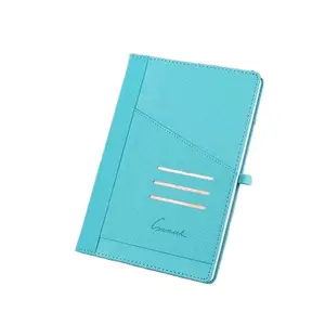 Fashion A5 PU leather hardcover blue notepad journal notebook with elastic pen holder and card pockets