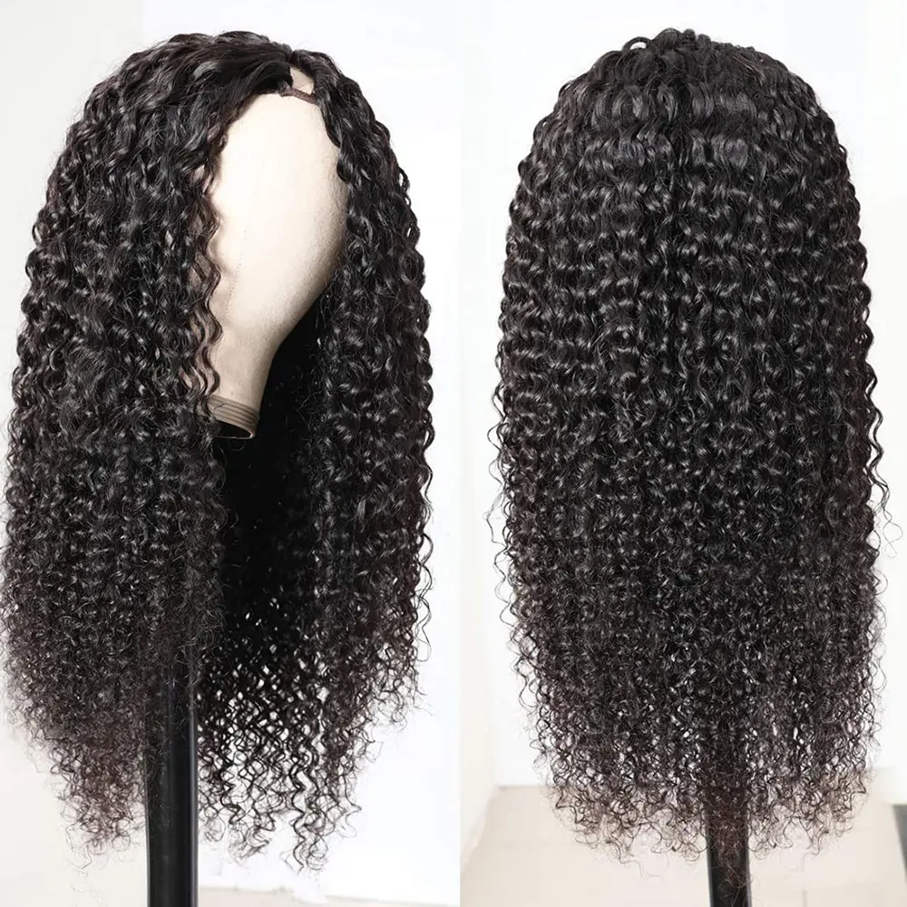 Ull-Peluca de piel fina para mujeres negras, cabello humano peruano rizado con parte en U, sin pegamento