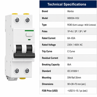 Disjoncteur différentiel RCBO Wanbo-502 1P+N 2P 3P 4P Courbe C 30mA 6kA IEC 61009-1 avec capuchon jaune et LED verte pour rail DIN