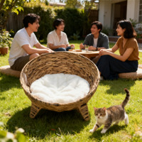Nid en paille naturelle tissé à la main, maison pour animaux de compagnie, lit chaud pour chat en hiver, griffoir pour chat, nid pour chien avec coussin moelleux