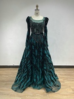Robes de soirée musulmanes bleu marine modestes DZ-2284 à manches longues, col illusion, ornées de perles, robes de mariée formelles, style kaftan arabe de Dubaï