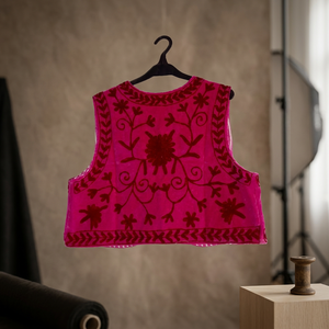 Chaleco de Mujer en Terciopelo Rosa, Bordado, Transpirable, con Cuello en V, Diseño Floral, Hecho a Mano, Informal, Sin Mangas - Product Image 3