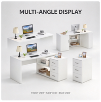 Bureau d'ordinateur moderne en forme de L blanc avec tiroirs de rangement et étagères ouvertes, poste de travail d'angle pour bureau à domicile ou étude