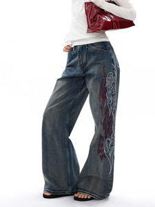 Jeans Americani Vintage Ricamati a Gamba Larga Curva, Vita Alta, in Denim di Bambù, Stile Casual e Streetwear - Product Image 4