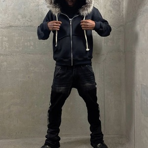 Fabricants de vêtements, sweat-shirt à capuche zippé personnalisé en molleton français 400 g/m² 500 g/m², effet usé, avec capuche en fourrure amovible pour hommes - Product Image 2