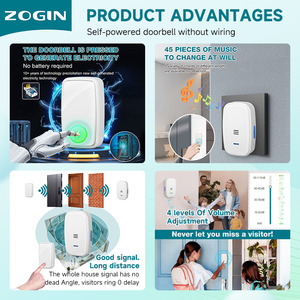 Sonnette de porte sans fil, sans batterie, étanche IP44, 45 mélodies, blanc et noir, prix de gros - Product Image 2